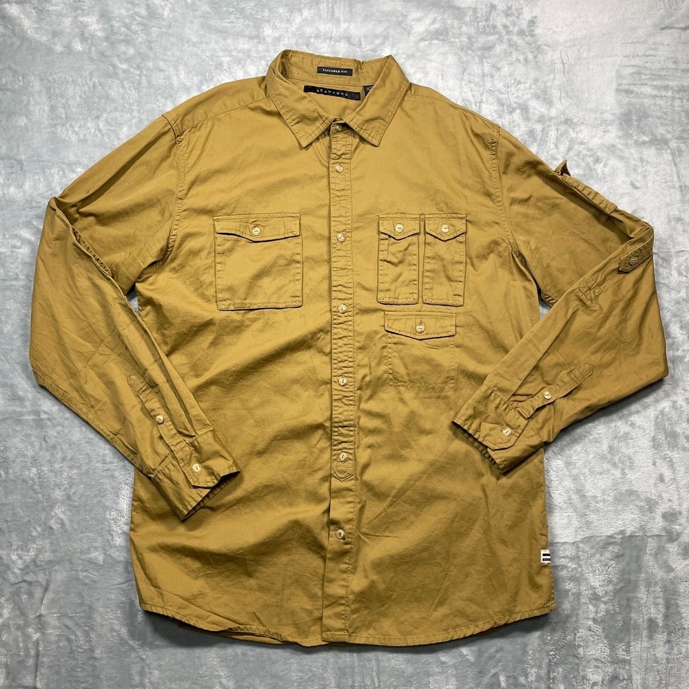 Sean John Mens Khaki Button Up Shirt Long Sleeve 3XL Utility Pockets Cotton